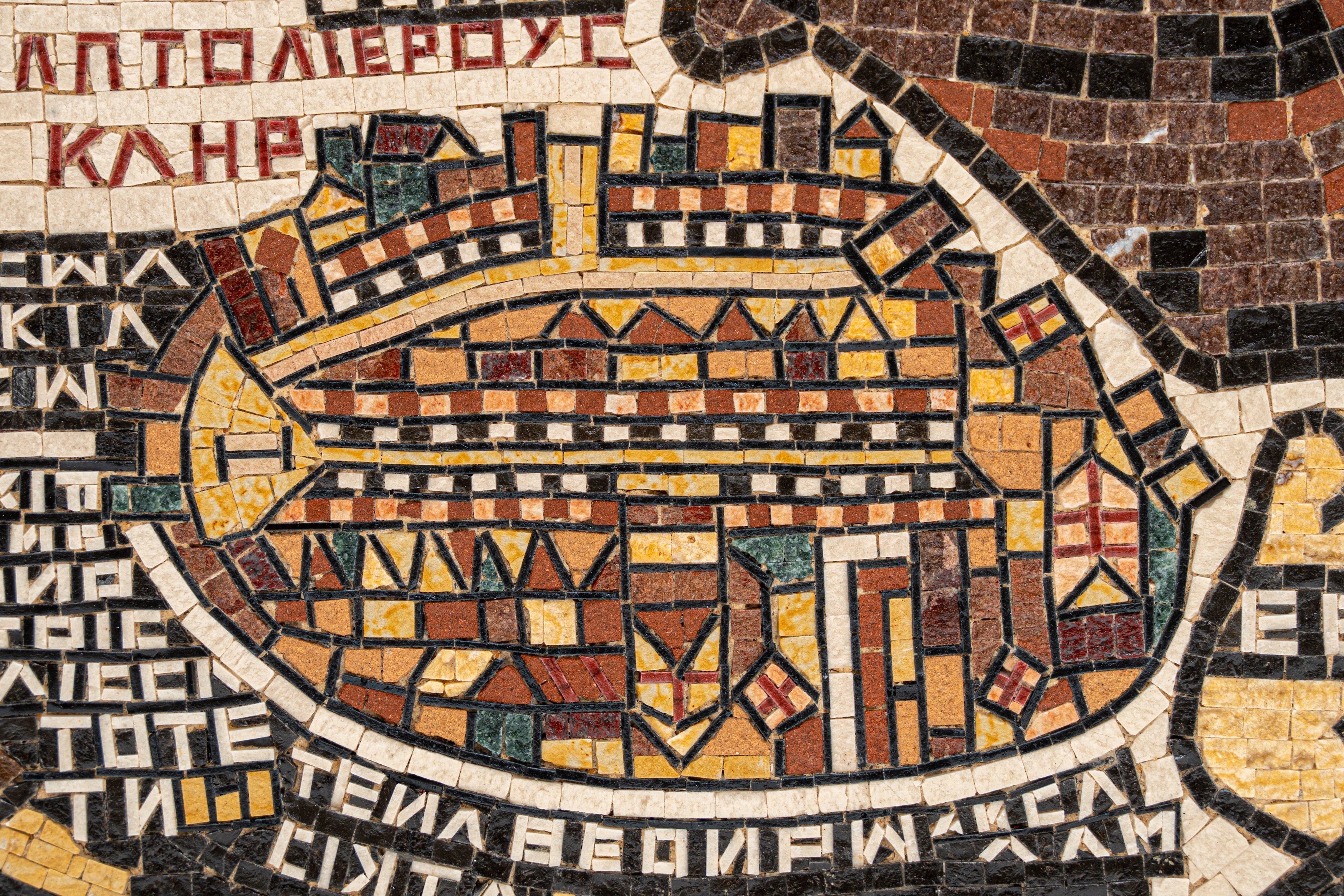 Intricate mosaic art depicting a historical cityscape with vibrant tiles in earthy tones showcasing detailed architecture