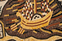 Intricate mosaic artwork featuring a stylized boat in warm earthy tones — detailed craftsmanship with textured tiles