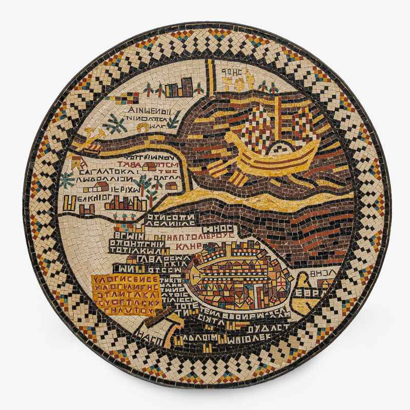 Intricate mosaic wall art featuring a colorful map design with detailed geographical elements and textured stone finish