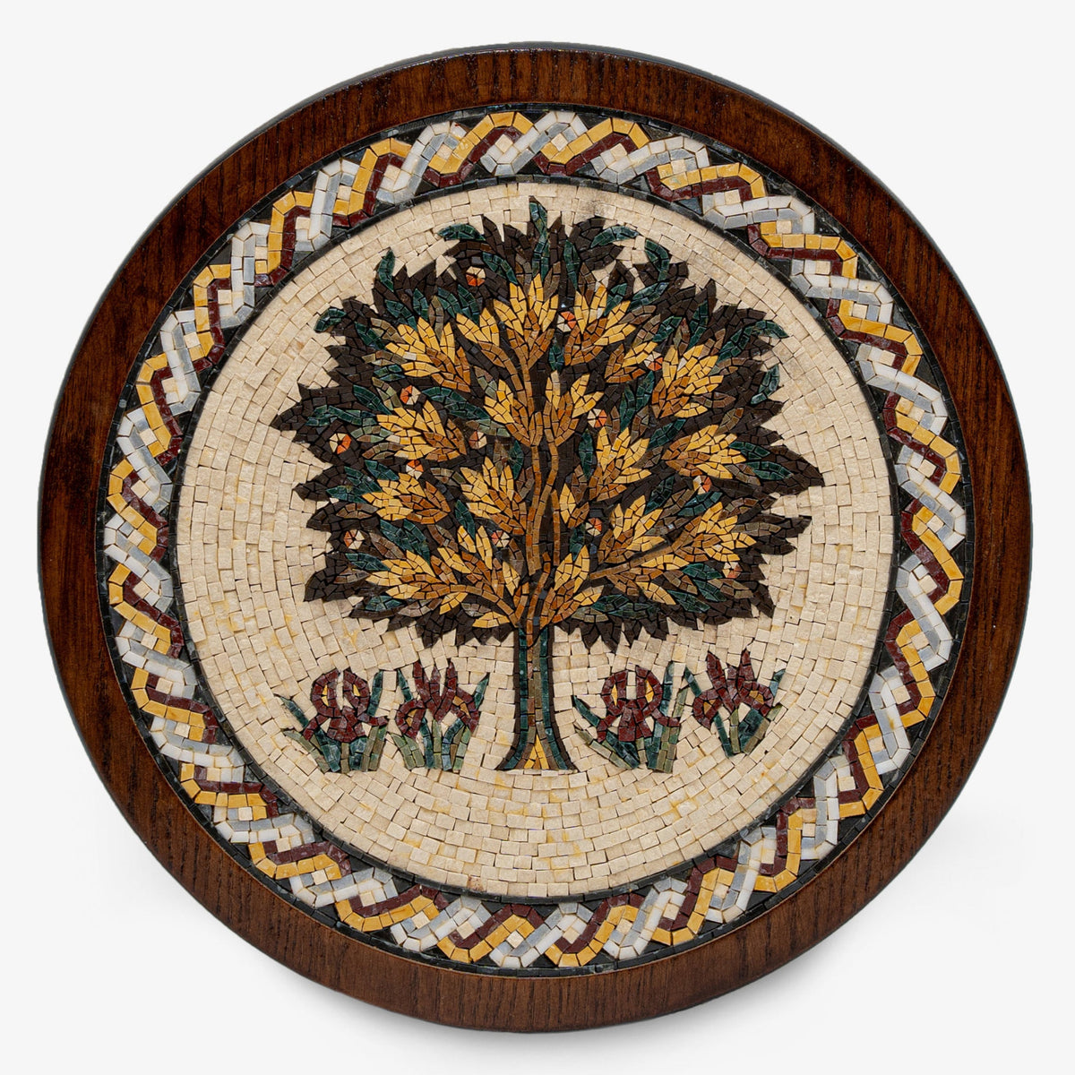 Intricate mosaic wall art featuring a vibrant tree design with colorful leaves and floral accents on a wooden frame