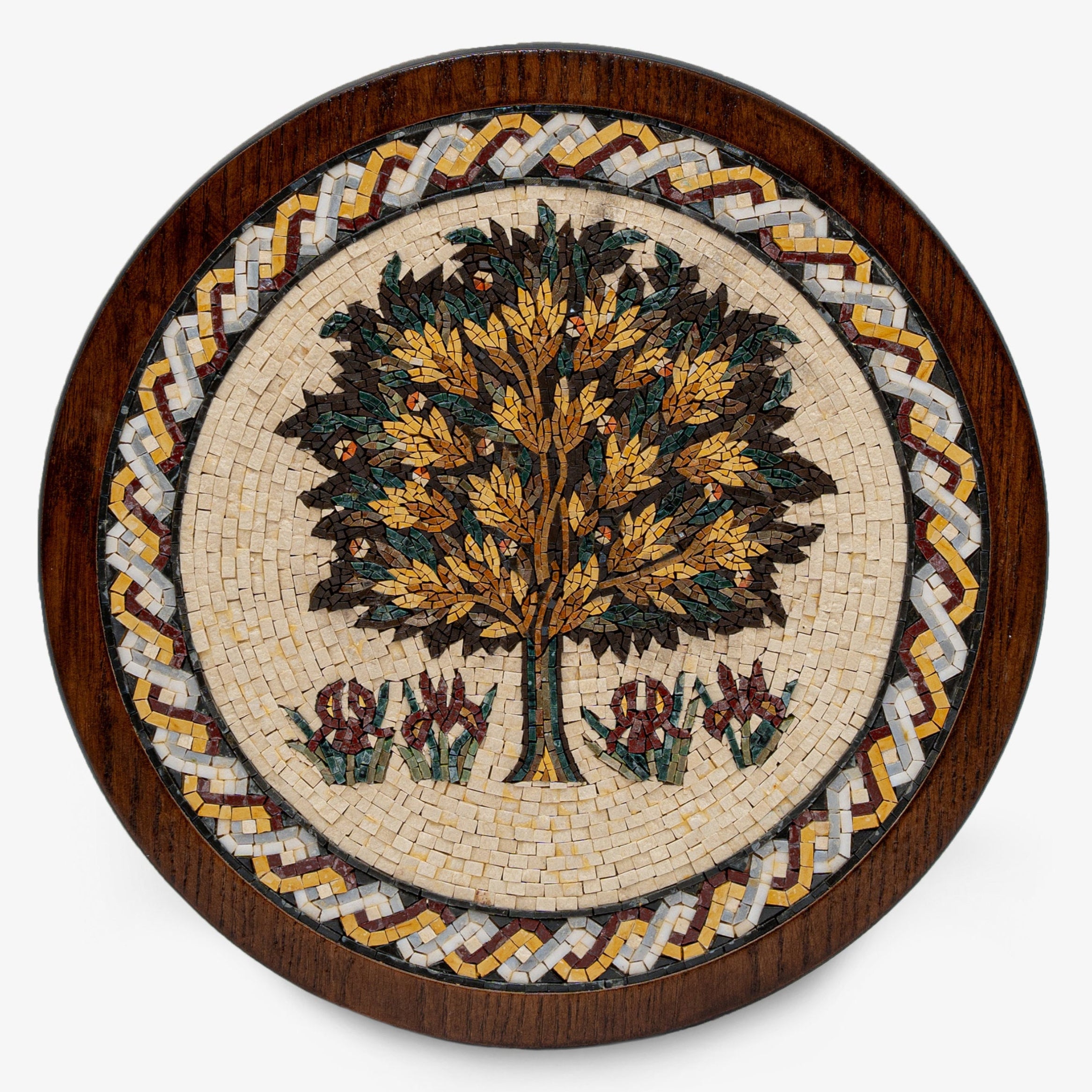 Intricate mosaic wall art featuring a vibrant tree design with colorful leaves and floral accents on a wooden frame