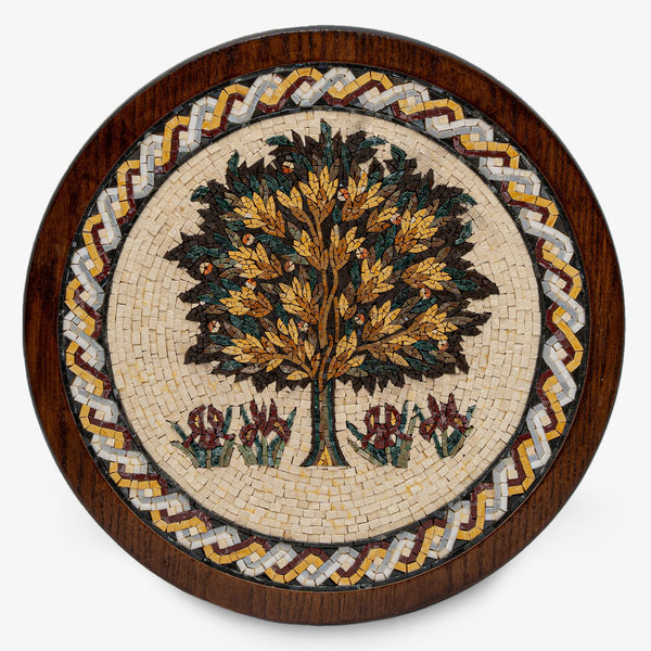 Intricate mosaic wall art featuring a vibrant tree design with colorful leaves and floral accents on a wooden frame