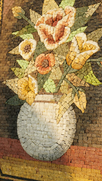 Intricate floral mosaic art featuring a textured vase with vibrant yellow and orange flowers against a rich background