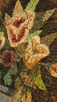 Intricate mosaic artwork featuring vibrant roses in earthy tones — crafted from natural stone tiles with rich textures.