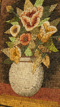 Intricate floral mosaic art featuring a vase filled with colorful blossoms — crafted from natural stone pieces with a textured finish.