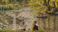 Colorful mosaic artwork depicting serene river scenes with people in canoes surrounded by lush green trees and golden sunlight.