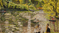 Vibrant mosaic artwork depicting serene river scenes with colorful boats and lush greenery reflecting in the water