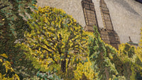 Vibrant mosaic artwork featuring lush green trees and golden leaves — a detailed landscape with urban buildings in the background.