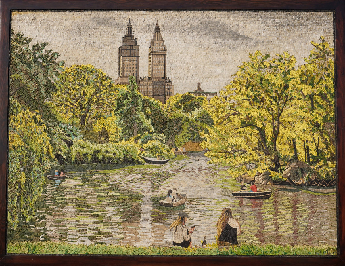 Vivid mosaic artwork depicting a serene park scene with vibrant yellow trees and boats on a tranquil lake