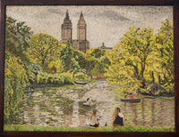 Vivid mosaic artwork depicting a serene park scene with vibrant yellow trees and boats on a tranquil lake