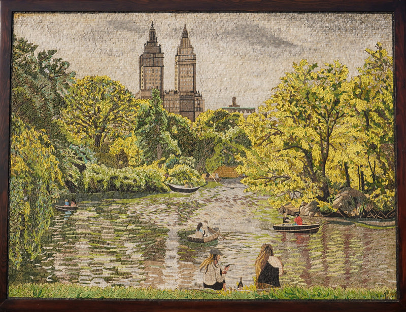 Vivid mosaic artwork depicting a serene park scene with vibrant yellow trees and boats on a tranquil lake