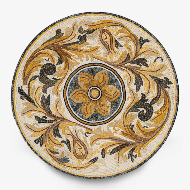 Intricate round mosaic table featuring a floral design in earthy tones of gold and black — a stunning centerpiece for any space