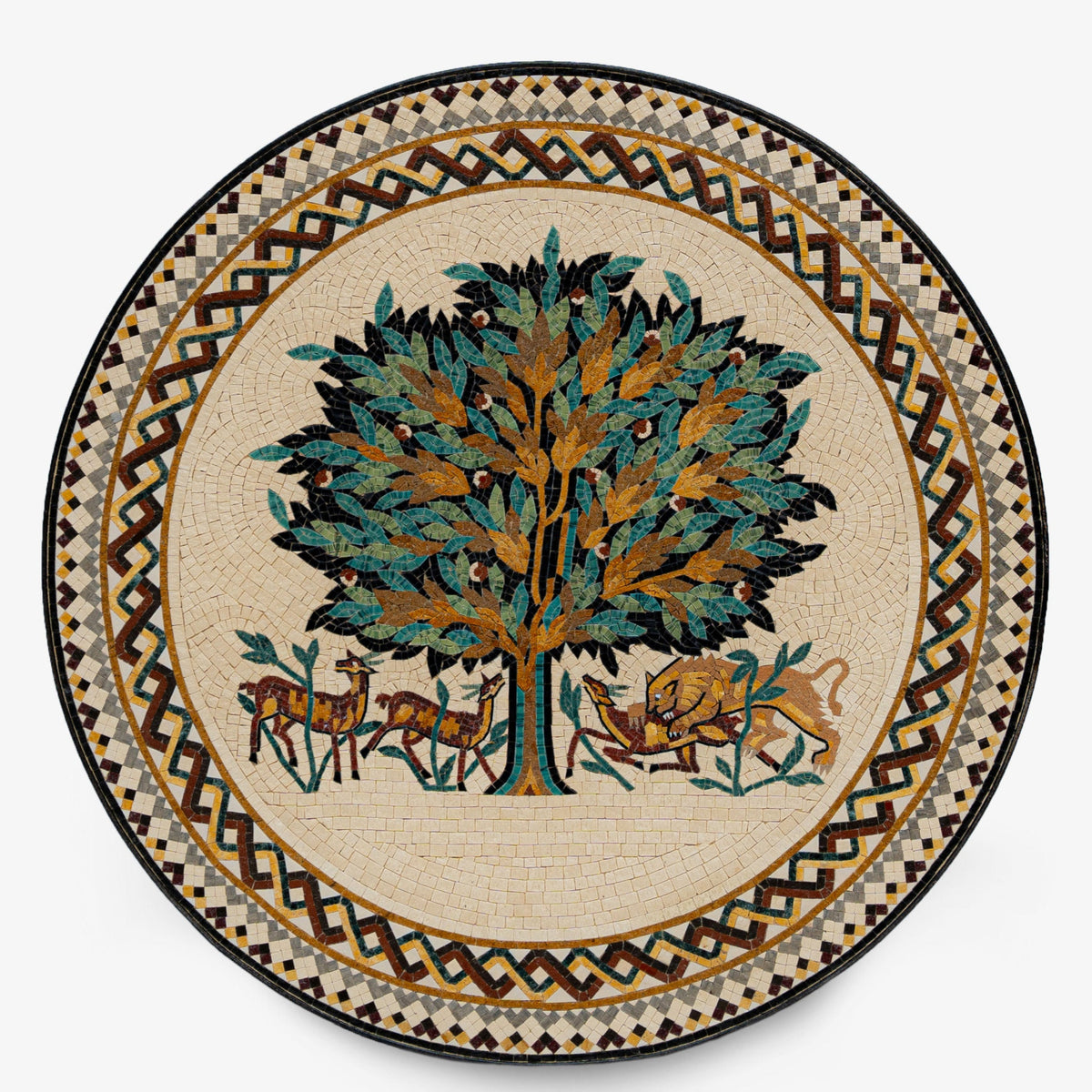 Intricate mosaic table featuring a vibrant tree design with gold and green leaves surrounded by animals in earthy tones