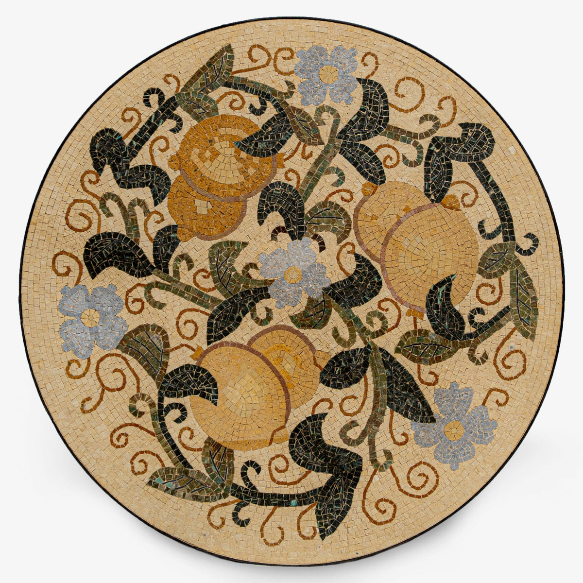 Intricate mosaic table featuring floral patterns in earthy tones with golden accents — a stunning centerpiece for any space