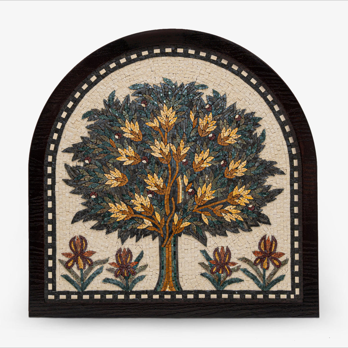 Intricate mosaic wall art featuring a vibrant tree design with golden leaves and floral accents on a textured background