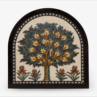 Intricate mosaic wall art featuring a vibrant tree design with golden leaves and floral accents on a textured background