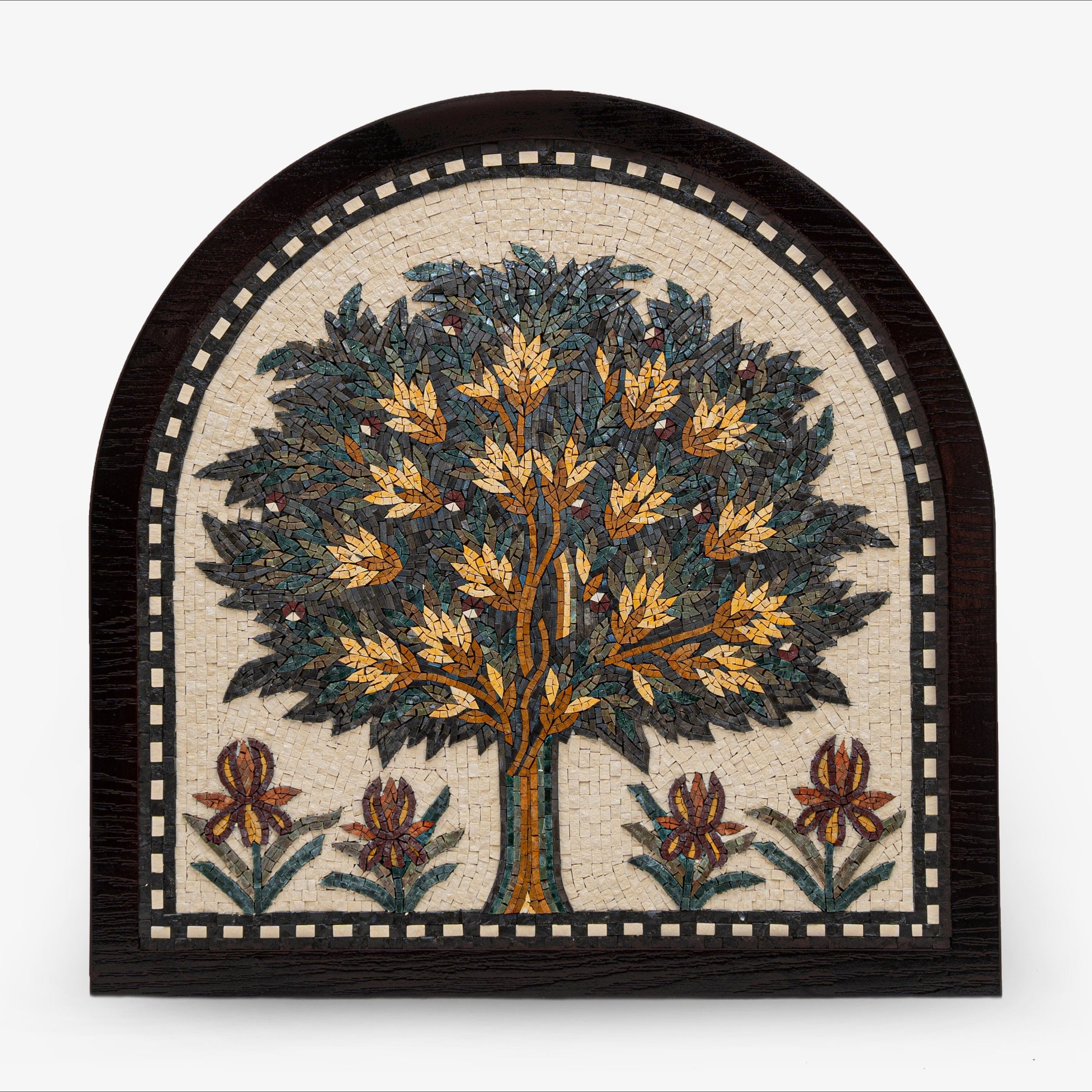 Intricate mosaic wall art featuring a vibrant tree design with golden leaves and floral accents on a textured background