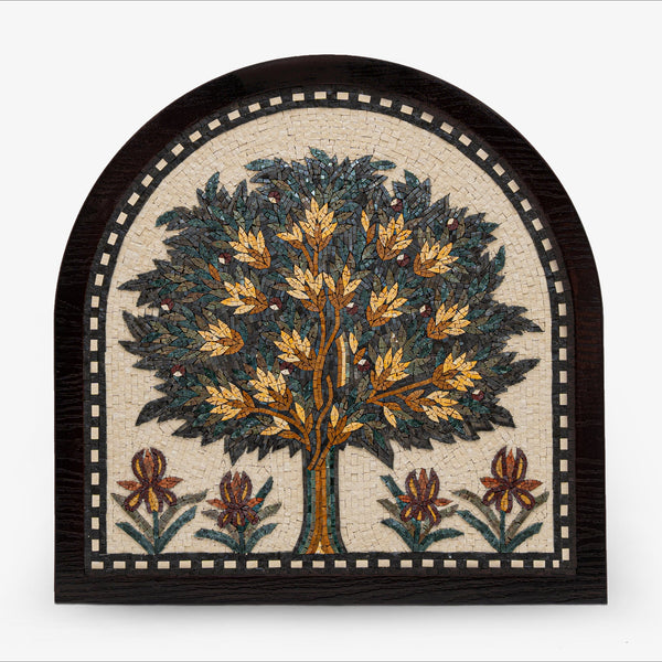 Intricate mosaic wall art featuring a vibrant tree design with golden leaves and floral accents on a textured background