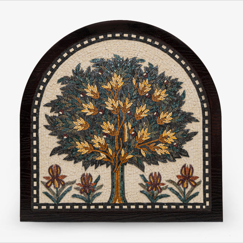 Intricate mosaic wall art featuring a vibrant tree design with golden leaves and floral accents on a textured background