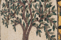 Intricate mosaic art featuring a tree design with green leaves and a textured beige background — a stunning blend of craftsmanship.