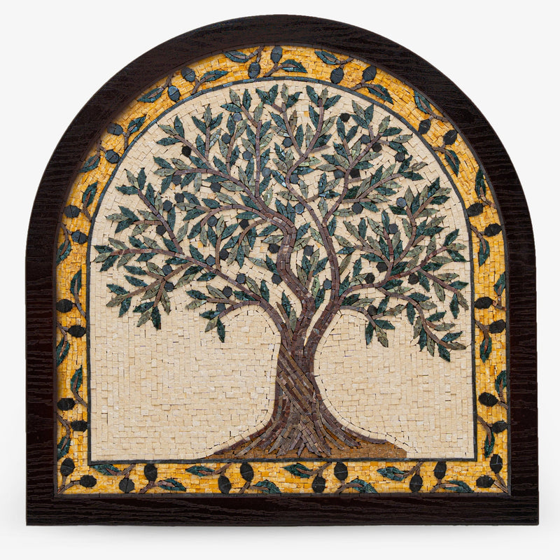 Intricate mosaic wall art featuring a tree design with green leaves and a golden border — handcrafted decorative piece for home decor