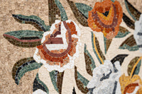 Intricate floral mosaic design featuring vibrant red and orange flowers with lush green leaves on a textured background