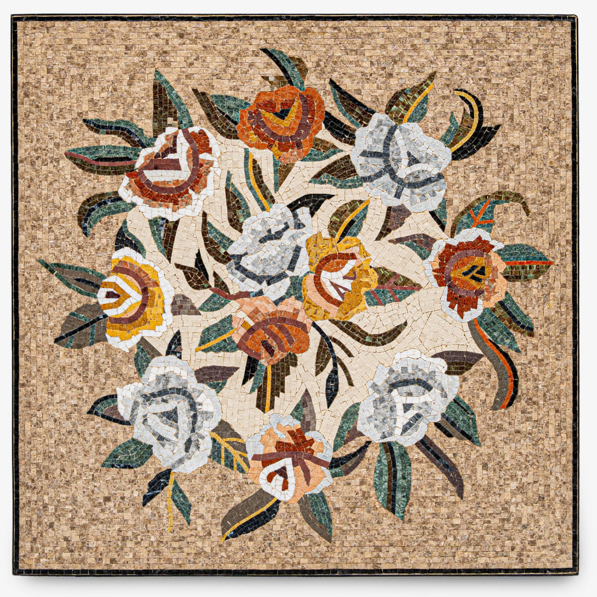 Intricate floral mosaic art featuring vibrant roses and leaves on a textured stone background — a stunning decorative piece.