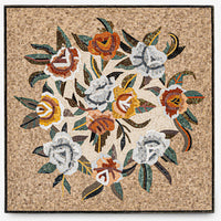 Intricate floral mosaic art featuring vibrant roses and leaves on a textured stone background — a stunning decorative piece.