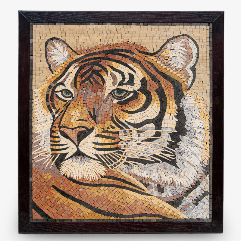 Intricate mosaic art featuring a tiger's face in warm earth tones — crafted with detailed tile work for a lifelike appearance