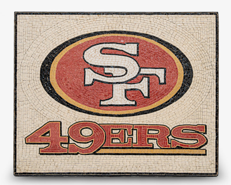 Mosaic tile art featuring the San Francisco 49ers logo in vibrant red and gold with intricate detailing on a textured background