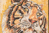 Intricate mosaic art featuring a tiger's face in warm hues of orange and brown — showcasing detailed craftsmanship and texture