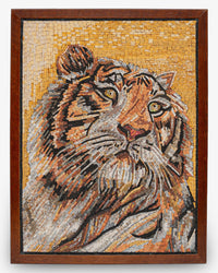 Intricate mosaic artwork featuring a tiger's face in warm tones, framed in rich wood for a striking visual appeal.