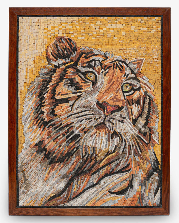 Intricate mosaic artwork featuring a tiger's face in warm tones, framed in rich wood for a striking visual appeal.
