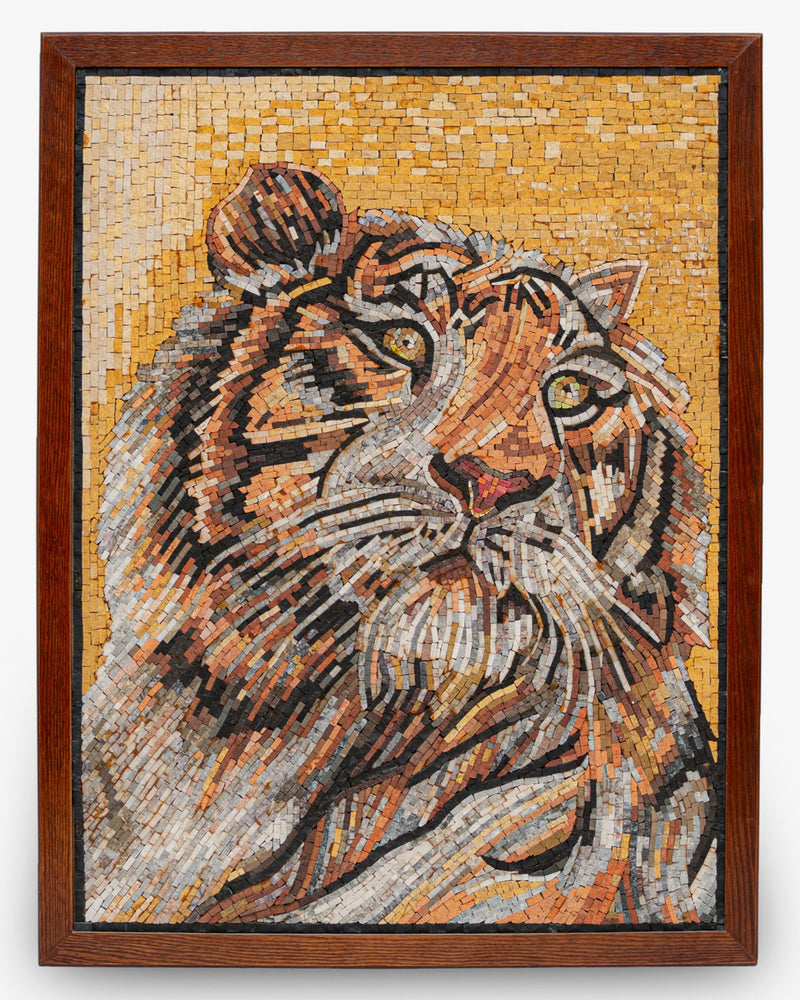 Intricate mosaic artwork featuring a tiger's face in warm tones, framed in rich wood for a striking visual appeal.