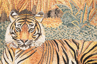 Intricate mosaic artwork featuring a majestic tiger in warm orange and brown tones — showcasing detailed textures and patterns.