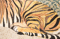 Vivid mosaic of a resting tiger featuring intricate orange and black tiles — showcasing detailed craftsmanship and texture.