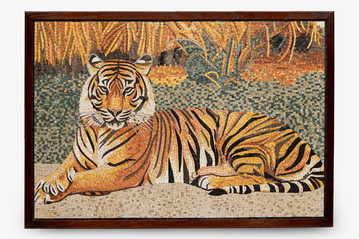 Vivid mosaic artwork featuring a resting tiger with intricate orange and black patterns against a textured green background