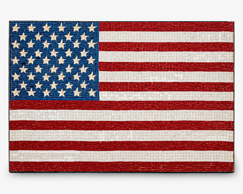 Handcrafted mosaic American flag in vibrant red, white, and blue — featuring detailed star and stripe patterns.