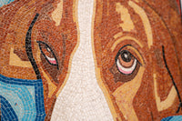 Intricate mosaic artwork featuring a close-up of a dog's face with vibrant colors and detailed textures in a playful design