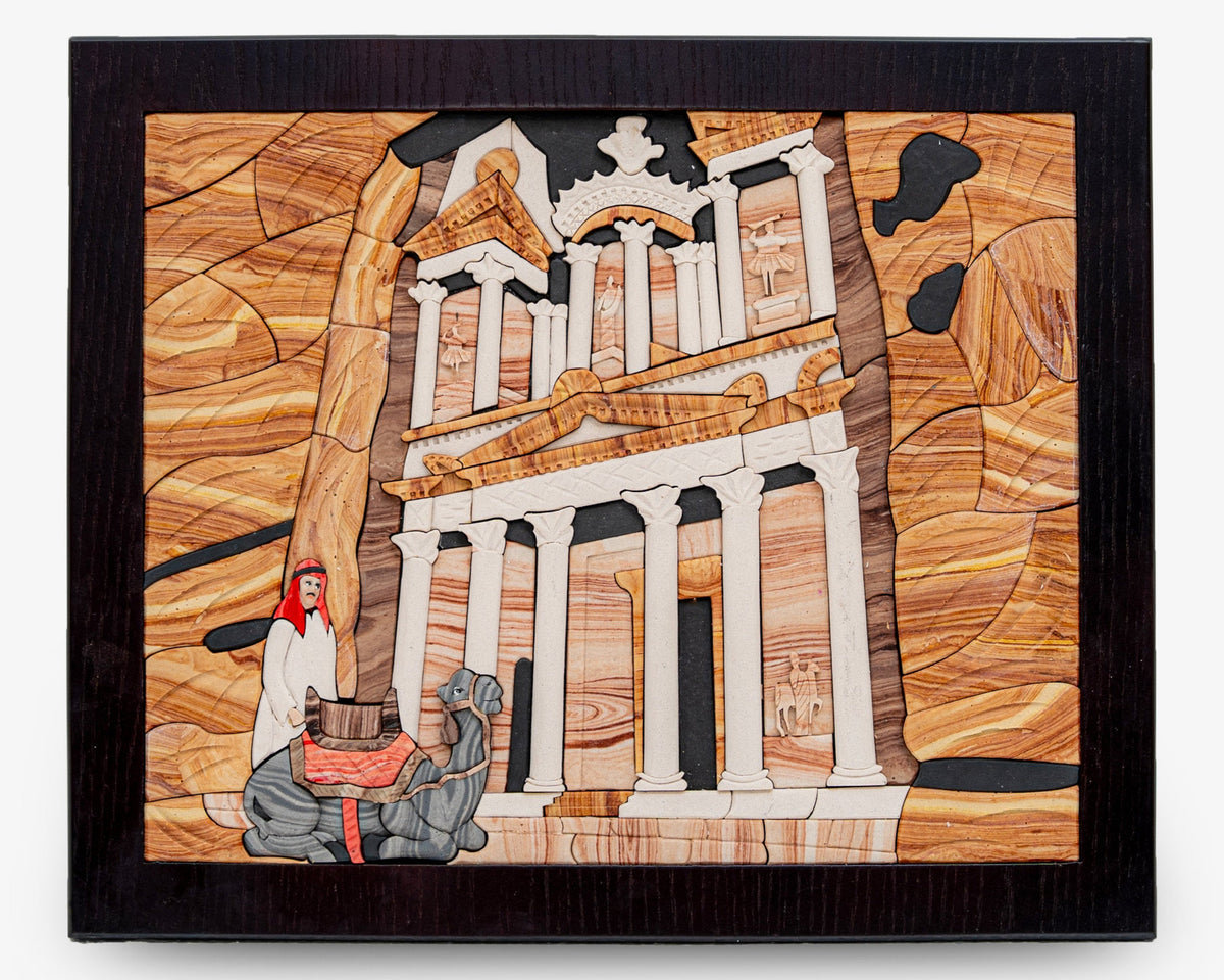 Intricate wooden puzzle depicting a historical temple scene with a figure and dog, showcasing detailed craftsmanship and rich textures.