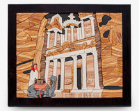 Intricate wooden puzzle depicting a historical temple scene with a figure and dog, showcasing detailed craftsmanship and rich textures.