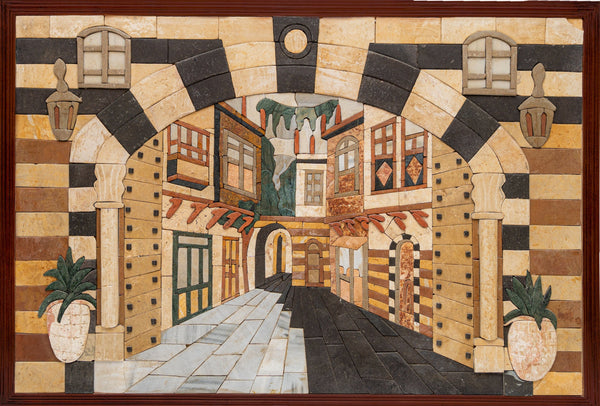 Decorative wall art depicting a street scene with buildings and a path.
