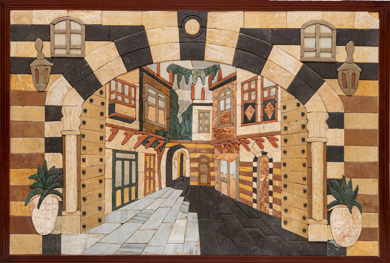 Decorative wall art depicting a street scene with buildings and a path.