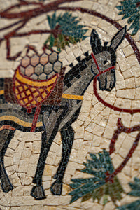 Intricate mosaic art featuring a black and gray horse adorned with a colorful saddle and surrounded by lush greenery