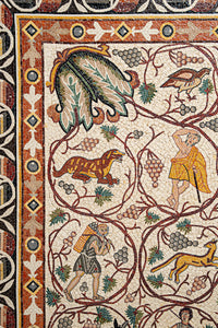 Intricate mosaic artwork featuring vibrant scenes of nature and mythology — detailed with rich colors and historical motifs