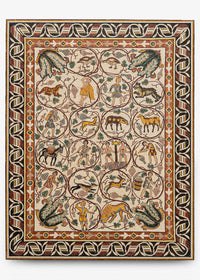 Intricate decorative rug featuring a mosaic of mythical creatures and human figures in earthy tones with a detailed border