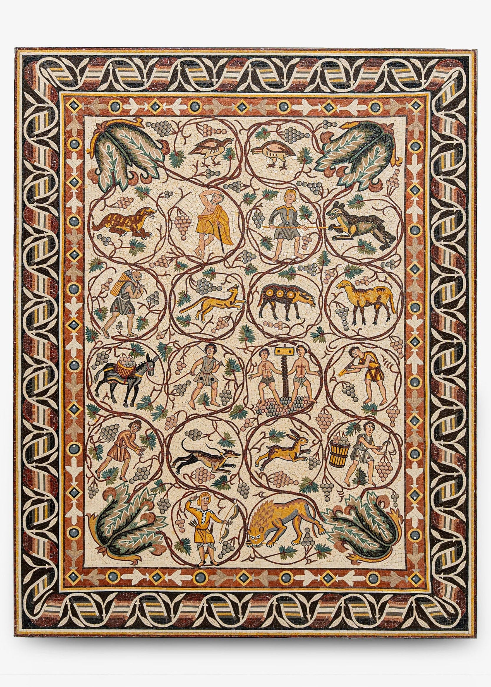 Intricate decorative rug featuring a mosaic of mythical creatures and human figures in earthy tones with a detailed border