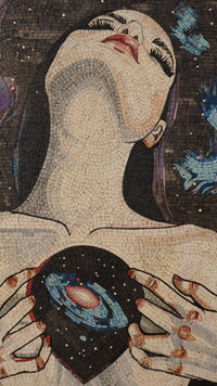 Mosaic artwork depicting a woman with a cosmic heart — intricate tile patterns showcase vibrant colors and textures.