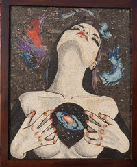 Intricate mosaic artwork depicting a woman holding a galaxy — vibrant colors and textured tiles create a captivating scene
