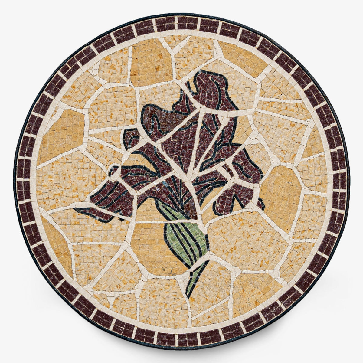 Intricate mosaic art piece featuring a rose design on a textured golden background — handcrafted with vibrant tiles.